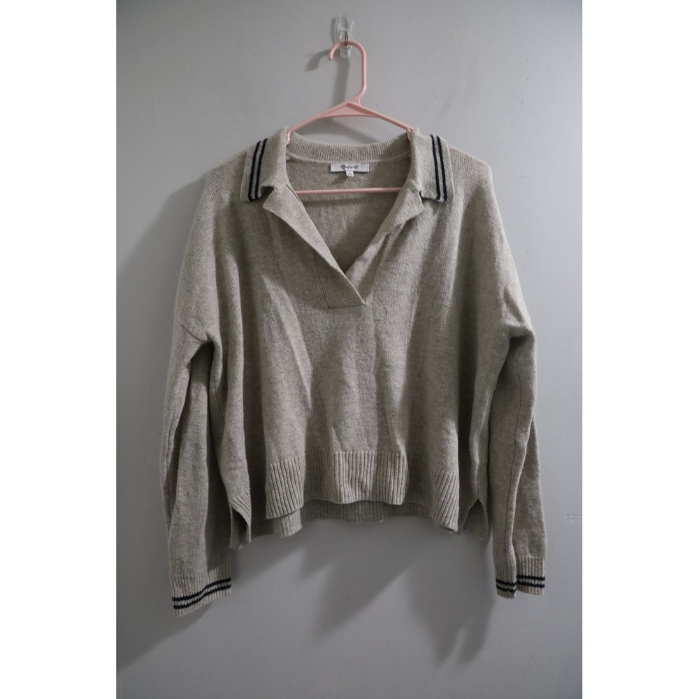 Madewell Merino Wool Blend Polo Sweater Oatmeal Heather Navy Stripe Size M
